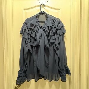 Elegant Ruffled Navy Blue Blouse
